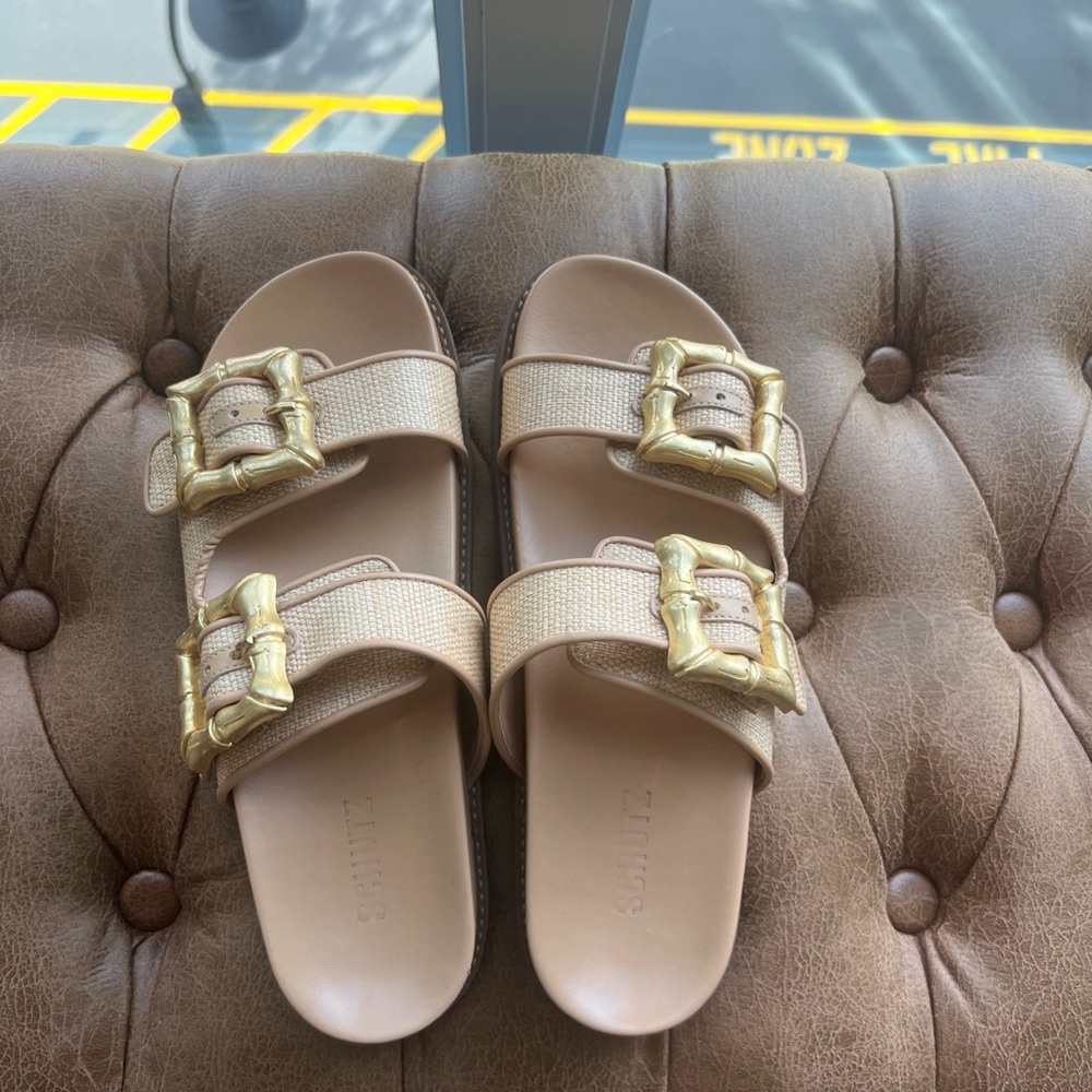 SCHUTZ Enola Gold and Tan Sandals—SOLD